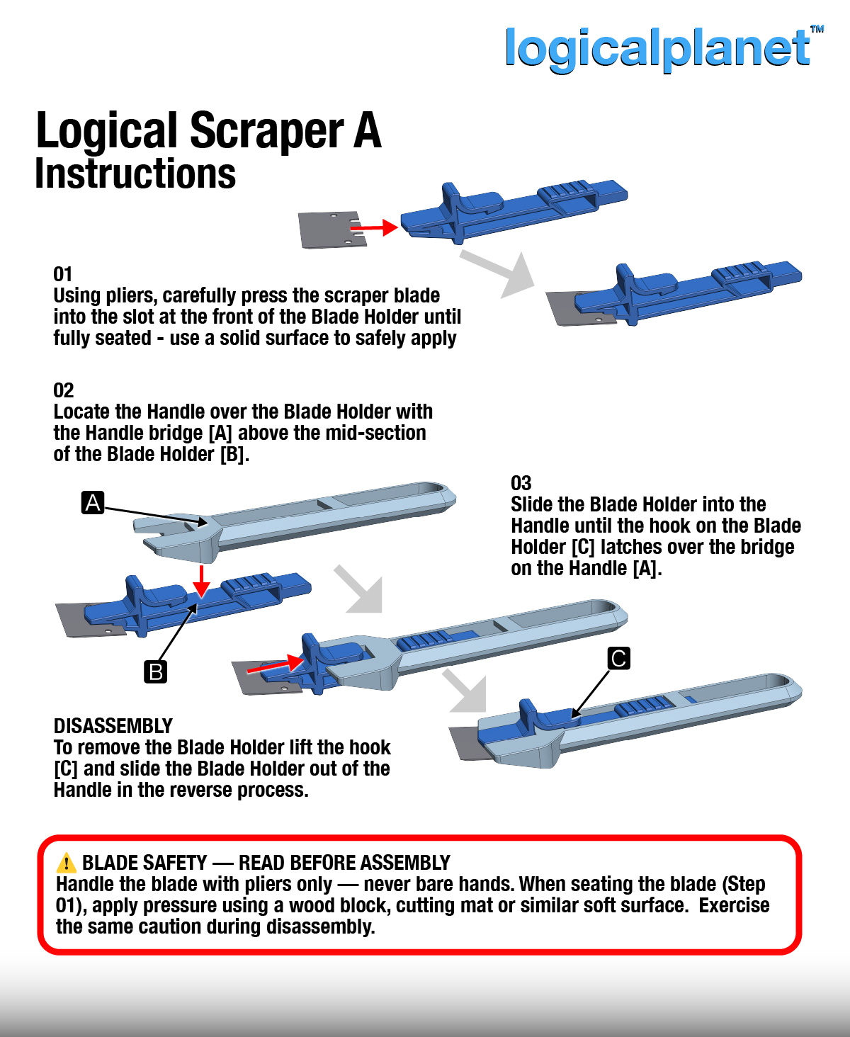 Logical Scraper A – assembly instructions: seating the blade and snap-fit disassembly