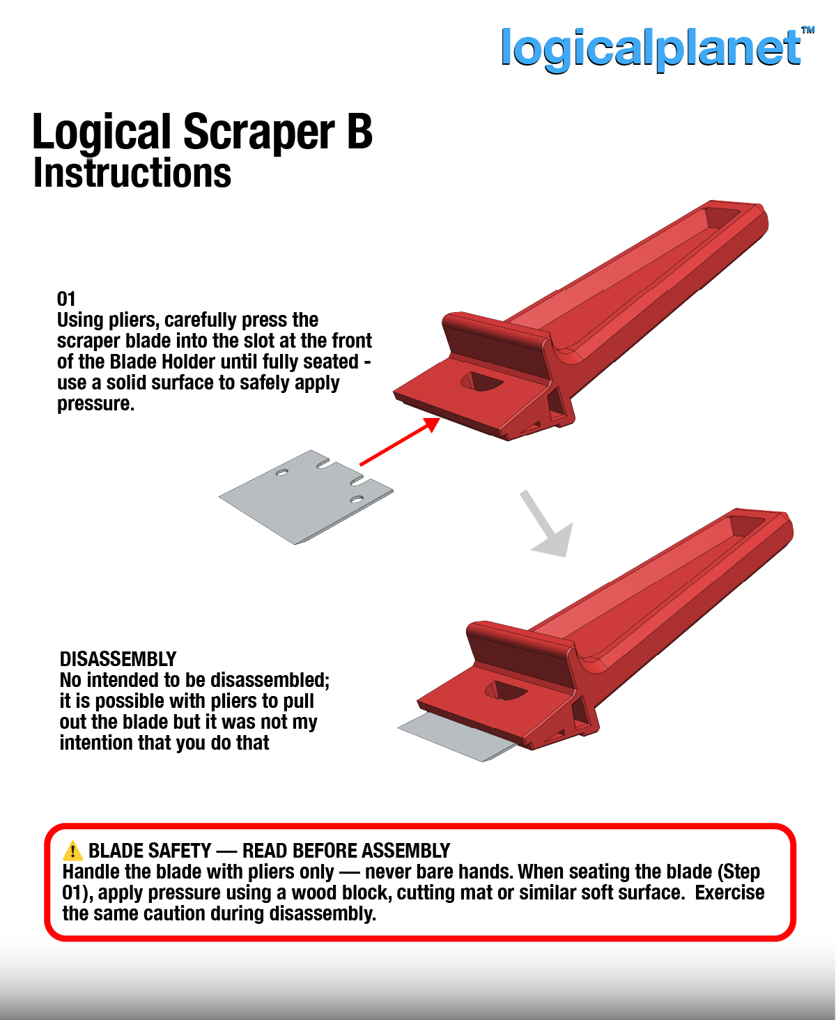 Logical Scraper B – blade installation with pliers; safety warning and disassembly note